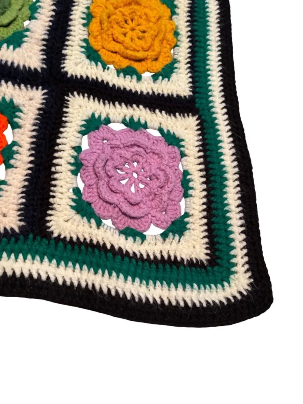 Handmade Crochet Afghan Blanket With 3D Floral Squares Multicolor Design Large T